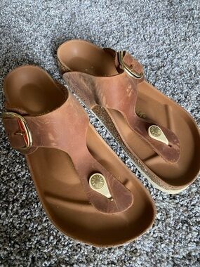 Birkenstock Brown Leather Thong Sandals with Gold Buckles